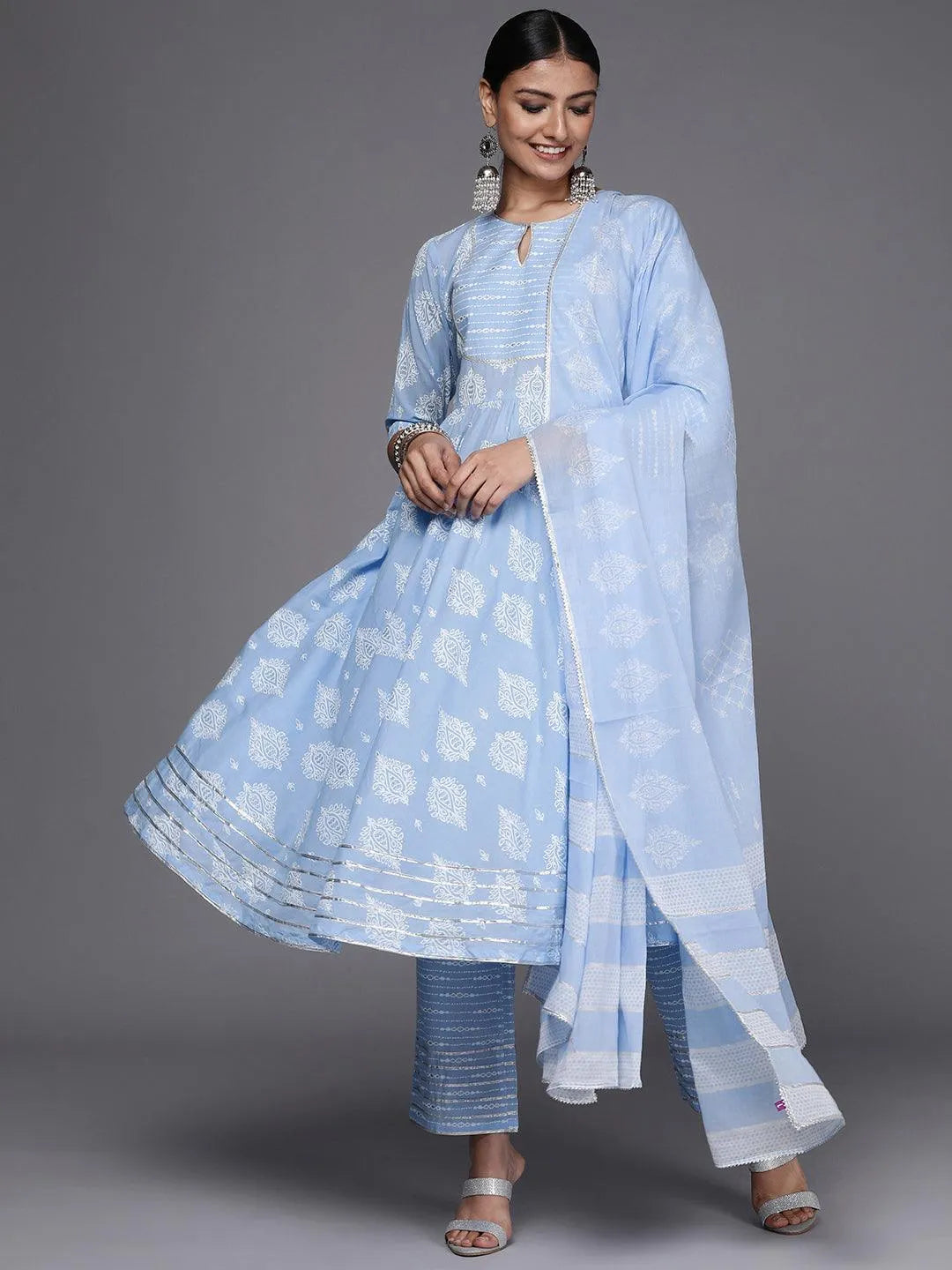 Blue Printed Cotton Anarkali Suit Set - Jashvi