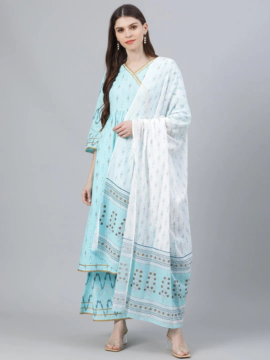 Blue Printed Cotton Suit Set - Jashvi