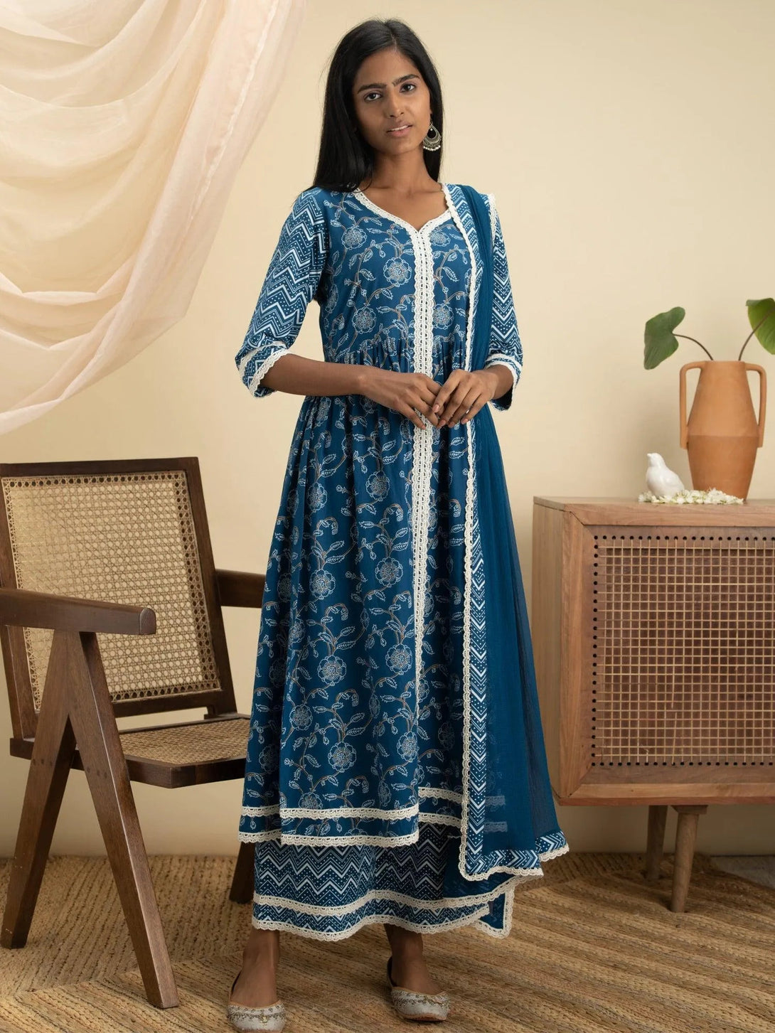 Blue Printed Cotton Suit Set - Jashvi