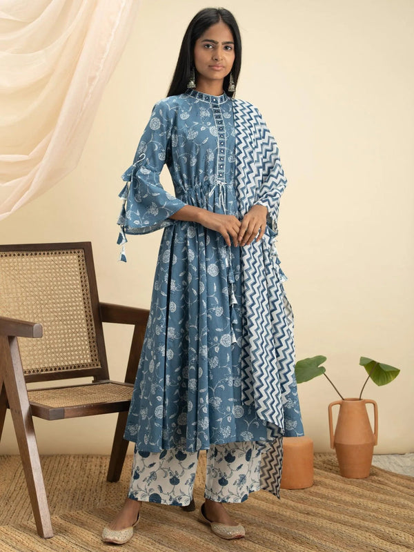 Blue Printed Cotton Suit Set - Jashvi