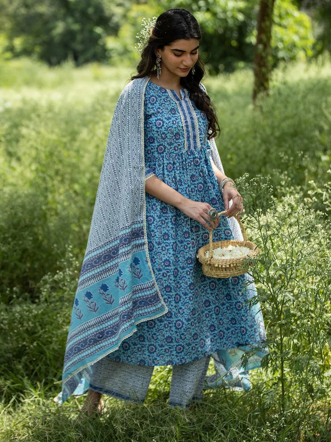 Blue Printed Cotton Suit Set - Jashvi