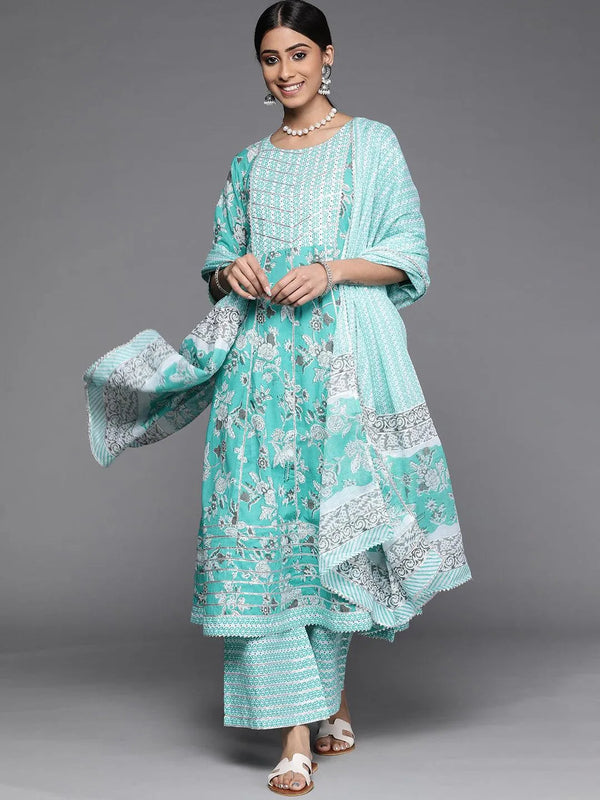 Blue Printed Cotton Suit Set - Jashvi