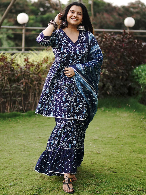 Blue Printed Cotton Anarkali Kurta With Sharara & Dupatta - Jashvi