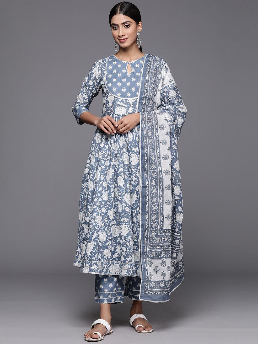 Blue Printed Cotton Anarkali Kurta With Trousers & Dupatta - Jashvi