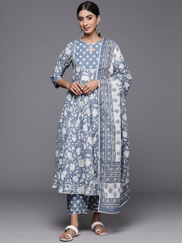 Blue Printed Cotton Anarkali Kurta With Trousers & Dupatta - Jashvi