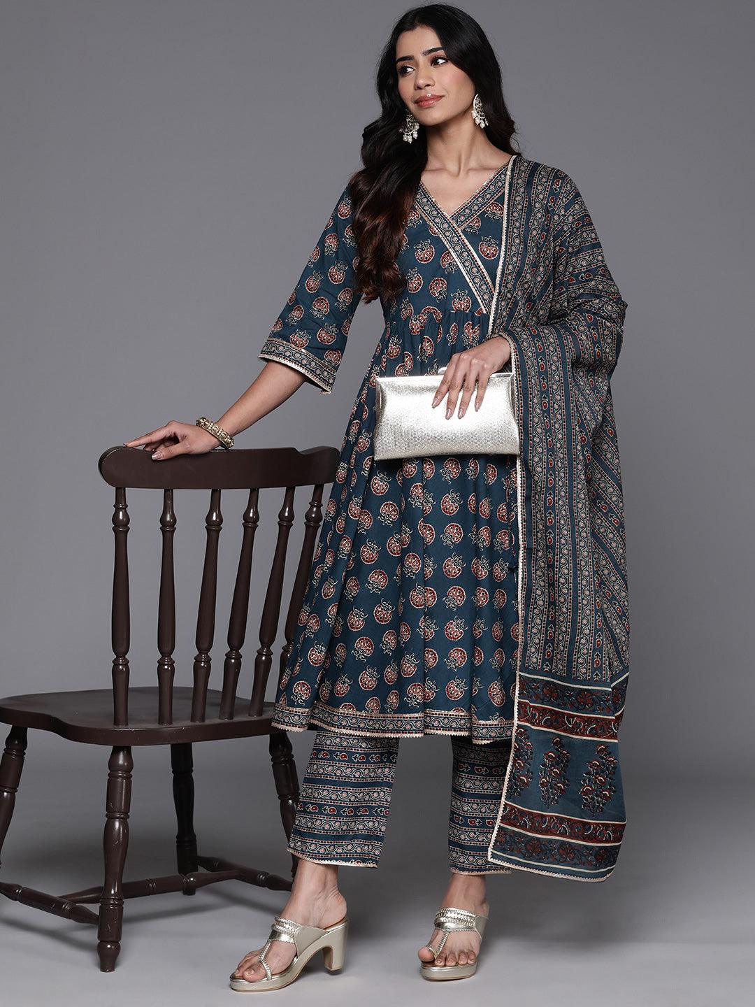 Blue Printed Cotton Anarkali Kurta With Trousers & Dupatta - Jashvi