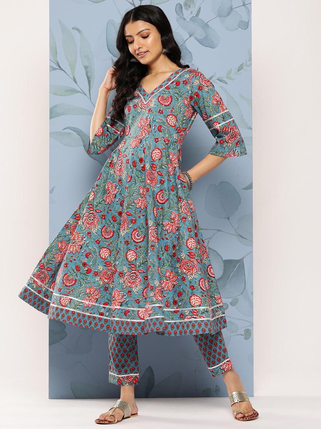 Blue Printed Cotton Anarkali Kurta Set With Trousers - Jashvi