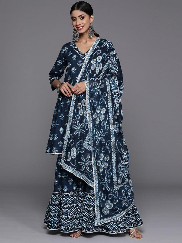 Blue Printed Cotton Anarkali Kurti With Sharara & Dupatta - Jashvi