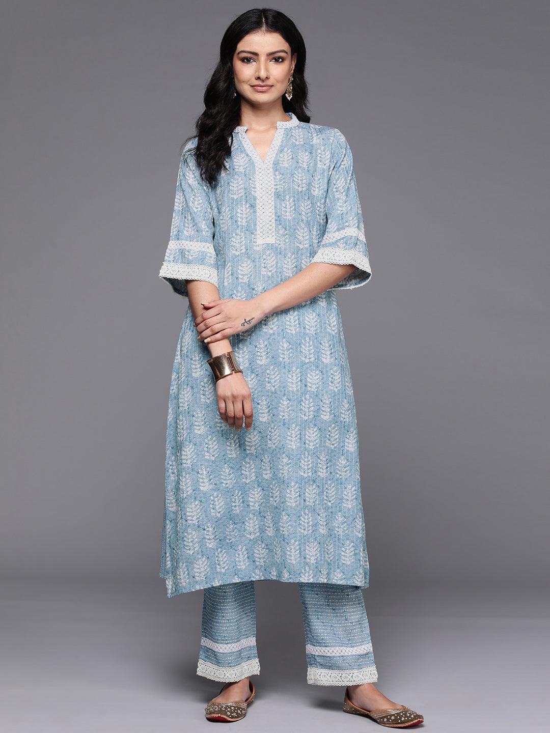 Blue Printed Cotton Blend A-Line Kurta With Trousers - Jashvi