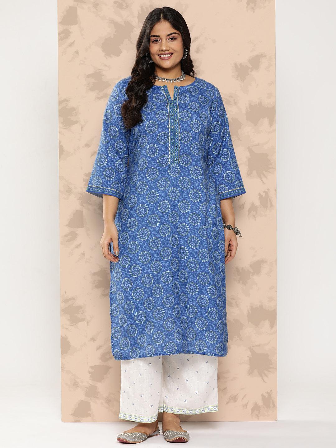 Blue Printed Cotton Blend Straight Kurta With Trousers - Jashvi