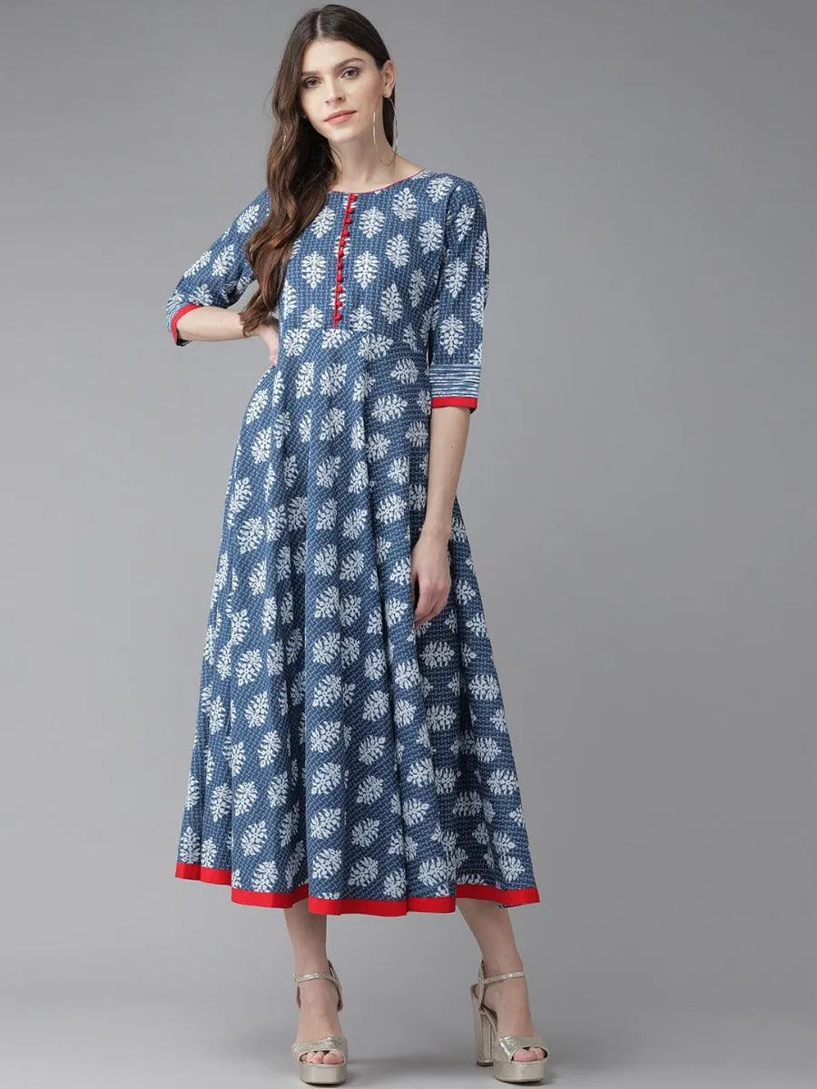 Blue Printed Cotton Dress - Jashvi