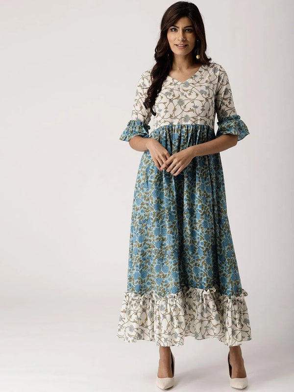 Blue Printed Cotton Dress - Jashvi