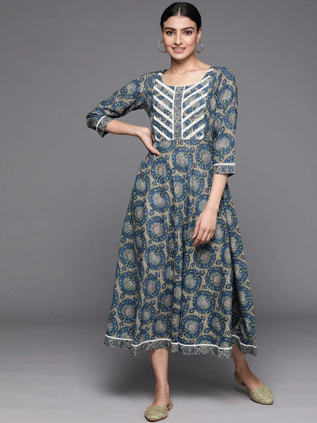 Blue Printed Cotton Dress - Jashvi