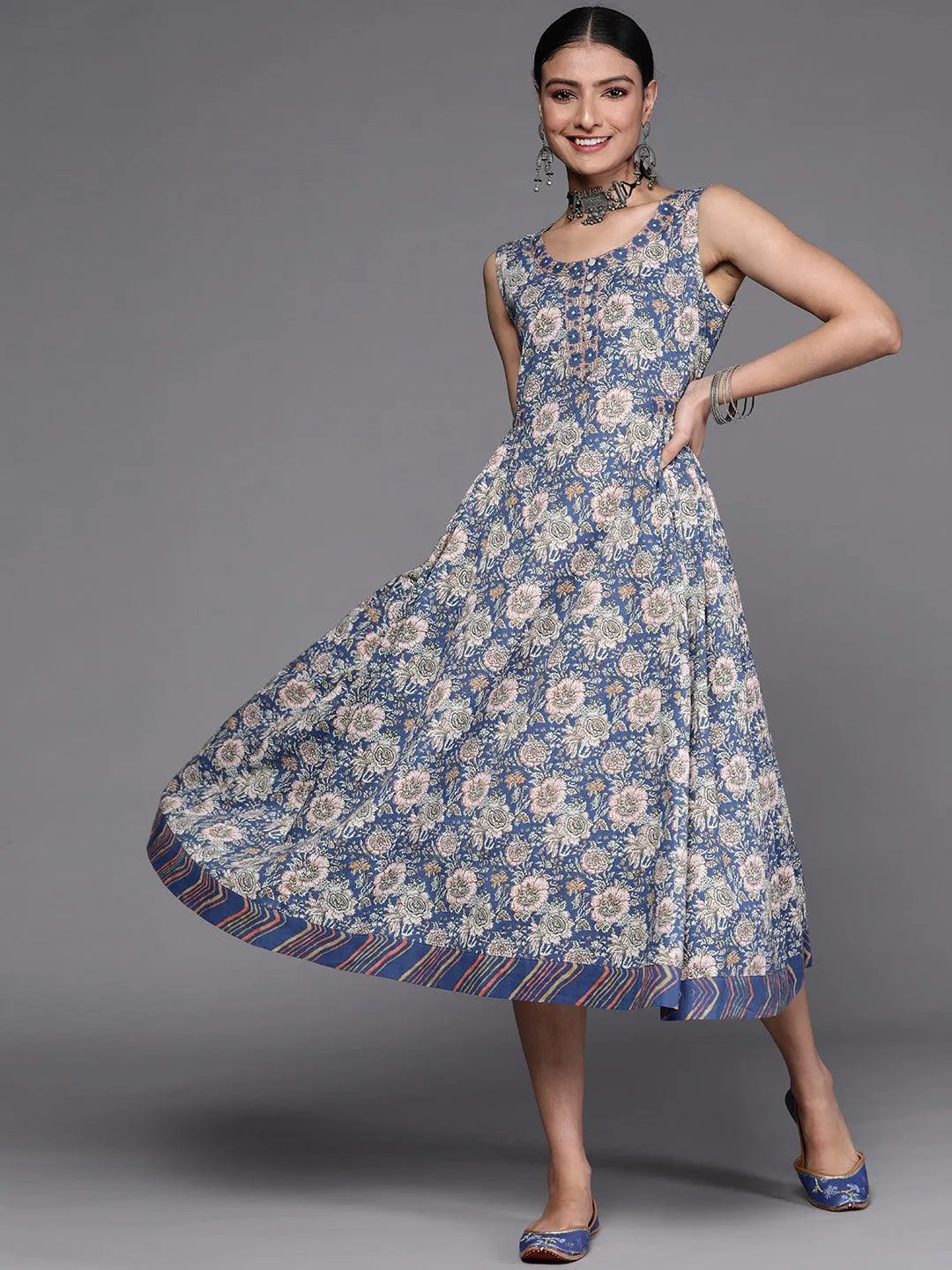 Blue Printed Cotton Dress - Jashvi