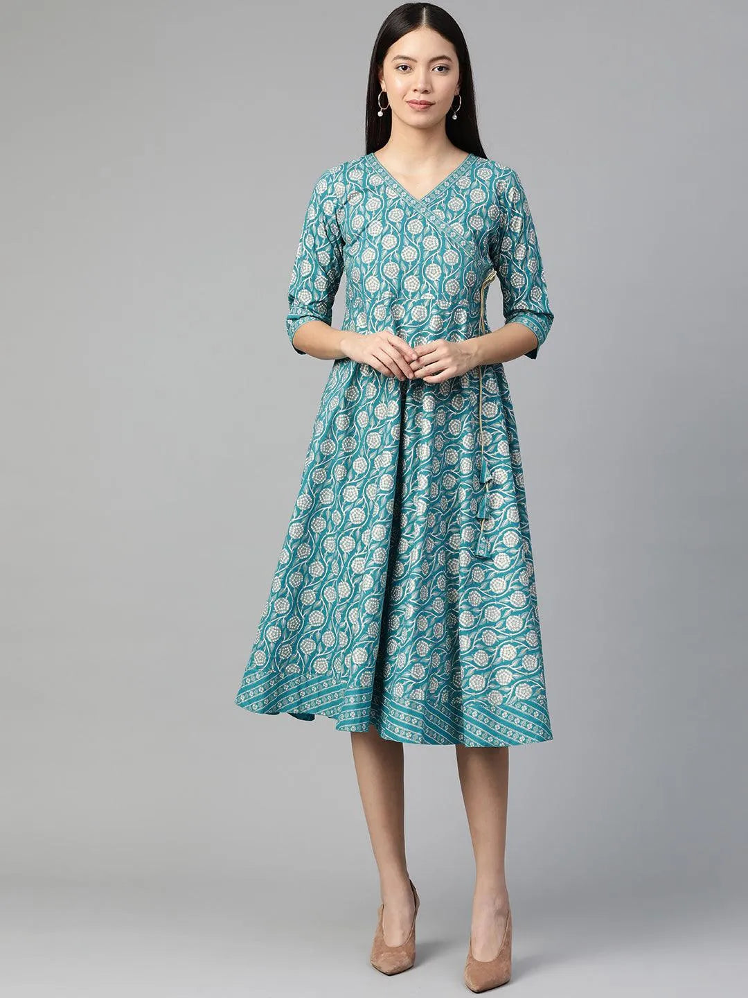 Blue Printed Cotton Dress - Jashvi