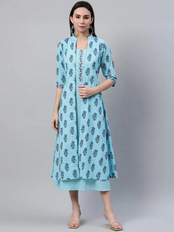 Blue Printed Cotton Dress With Jacket - Jashvi