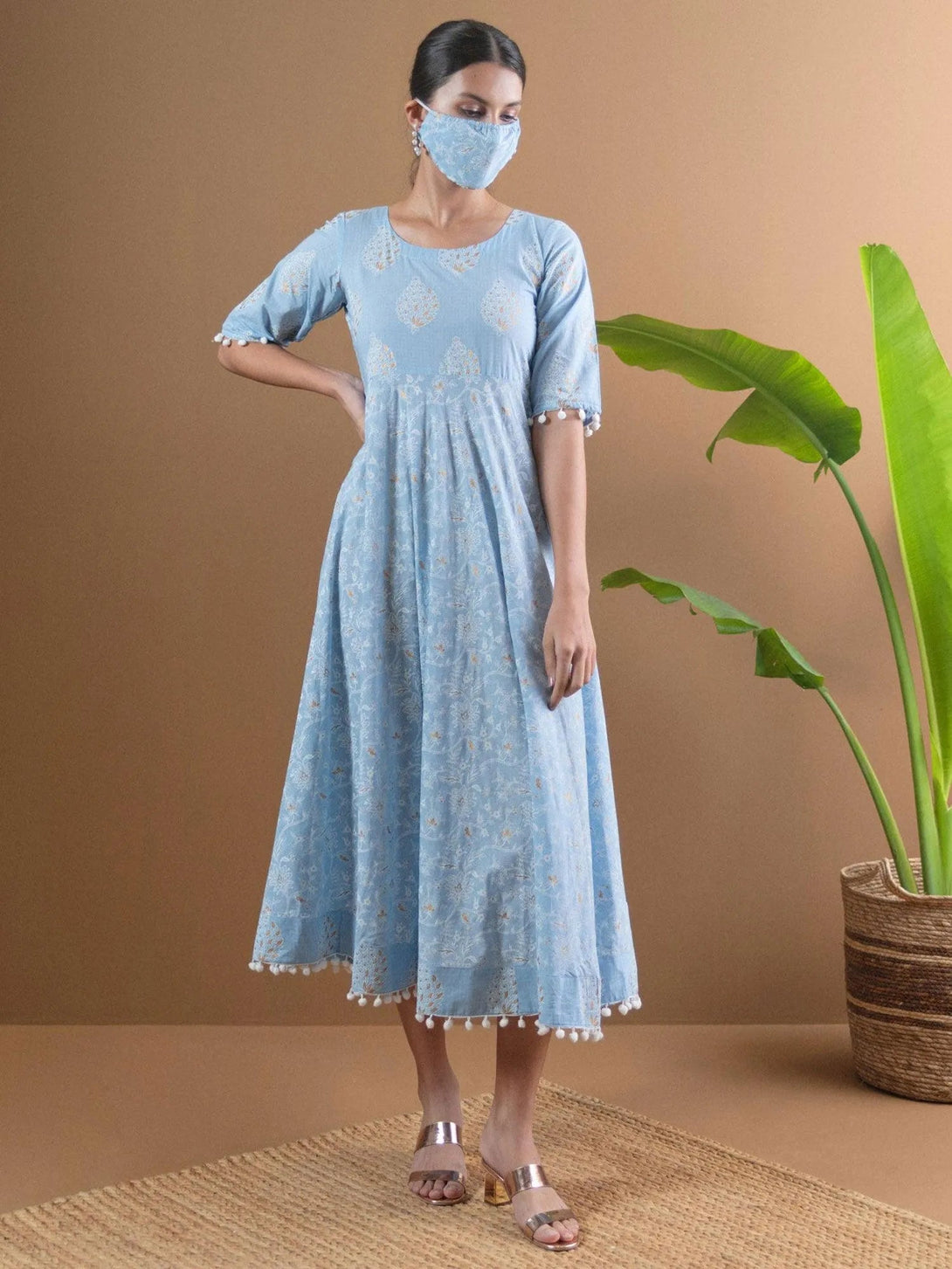 Blue Printed Cotton Dress With Mask - Jashvi