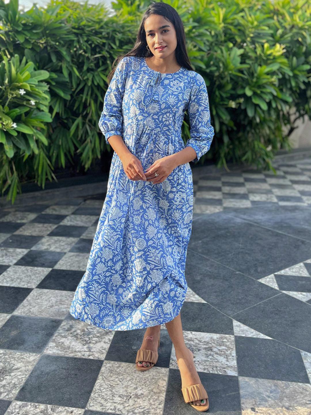 Blue Printed Cotton Empire Dress - Jashvi