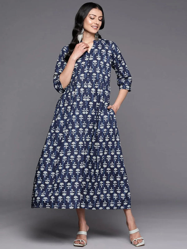 Blue Printed Cotton Fit and Flare Dress - Jashvi