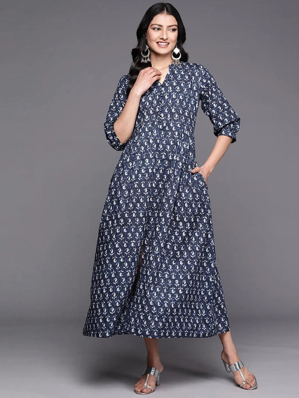 Blue Printed Cotton Fit and Flare Dress - Jashvi