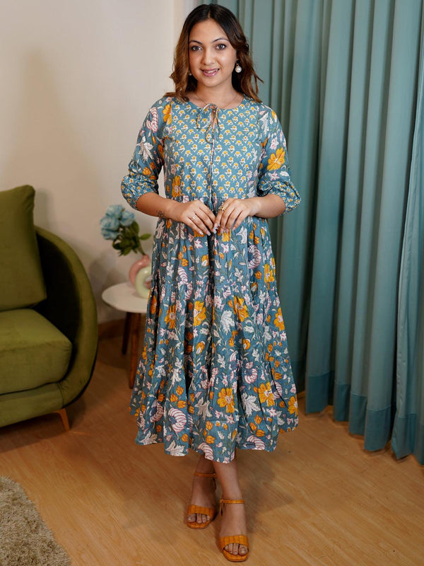 Blue Printed Cotton Fit and Flare Dress