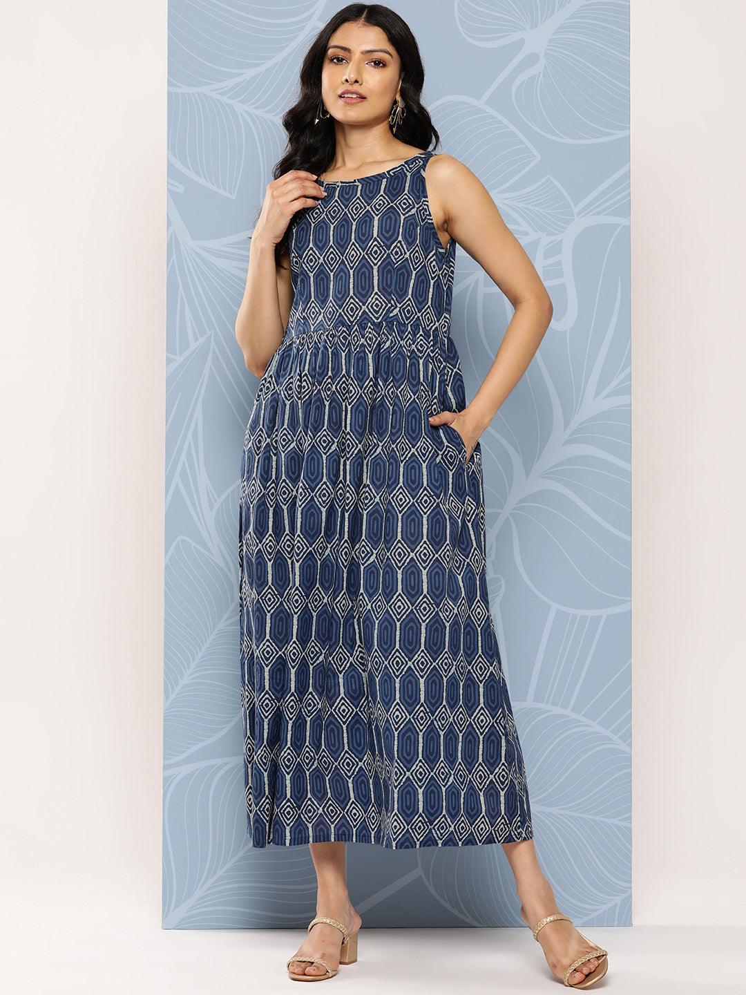 Blue Printed Cotton Fit and Flare Dress - Jashvi