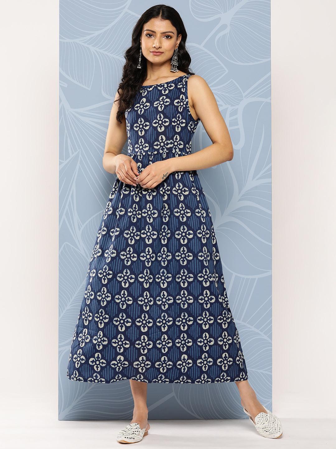 Blue Printed Cotton Fit and Flare Dress - Jashvi