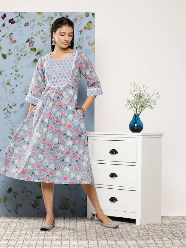 Blue Printed Cotton Fit and Flare Dress - Jashvi