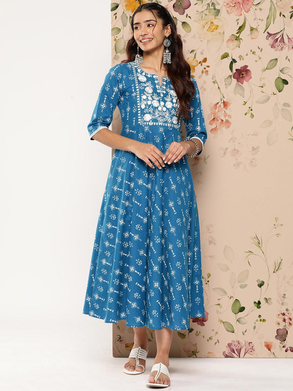 Blue Printed Cotton Fit and Flare Dress - Jashvi