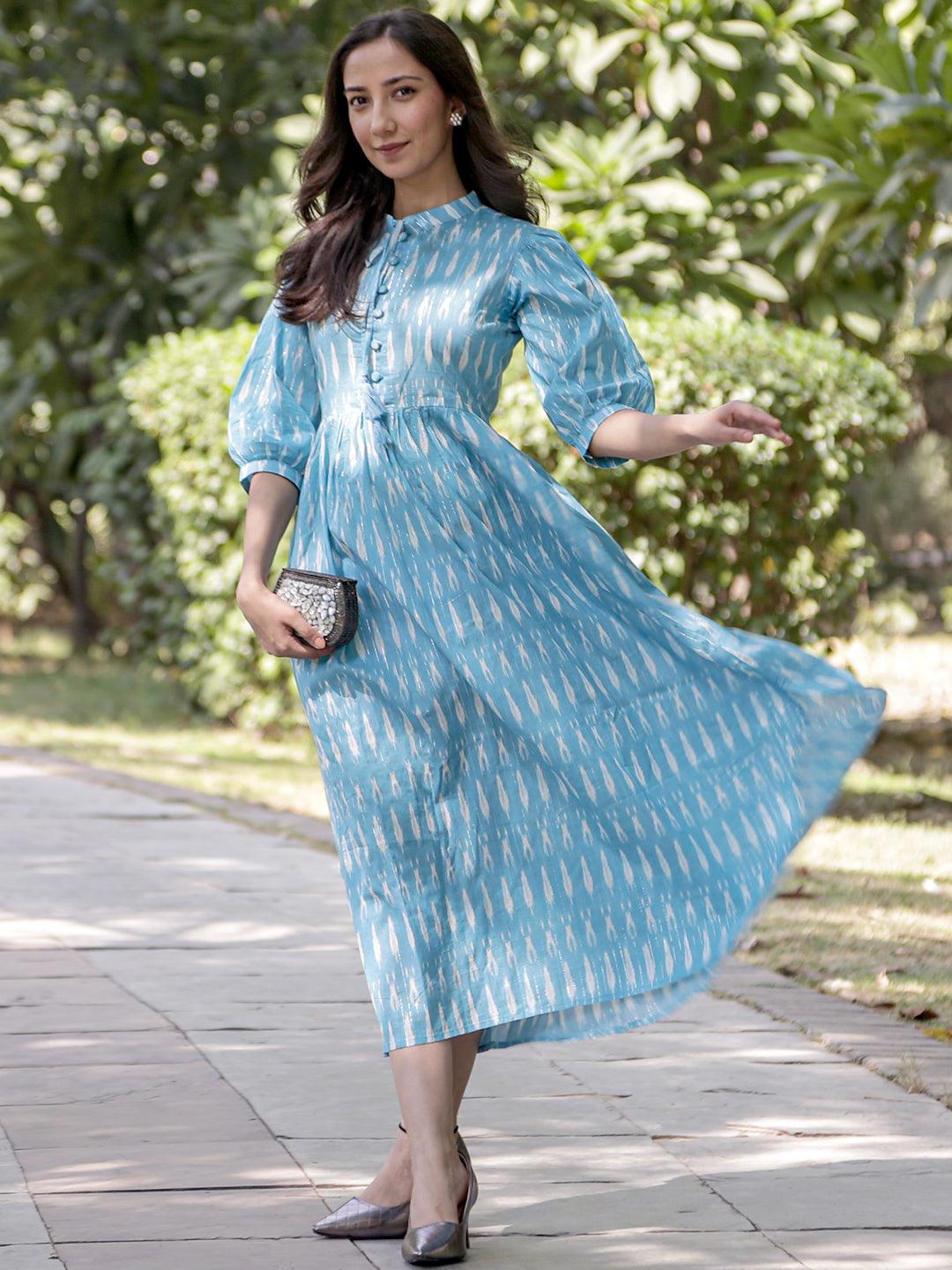 Blue Printed Cotton Fit and Flare Dress - Jashvi