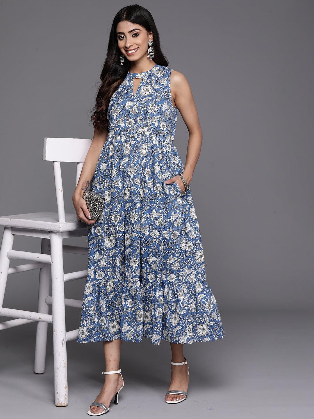 Blue Printed Cotton Fit and Flare Dress - Jashvi