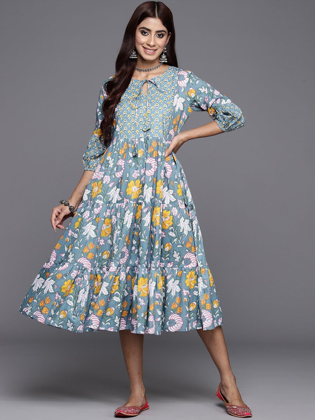 Blue Printed Cotton Fit and Flare Dress - Jashvi