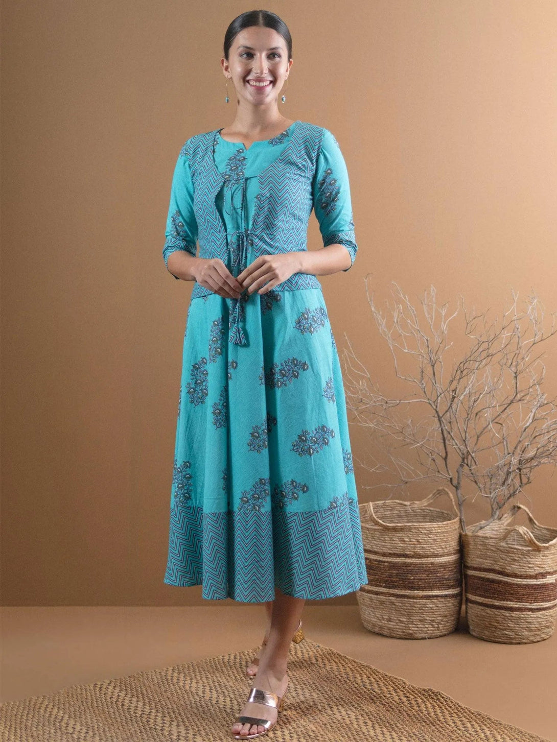 Blue Printed Cotton Jacket Dress With Mask - Jashvi