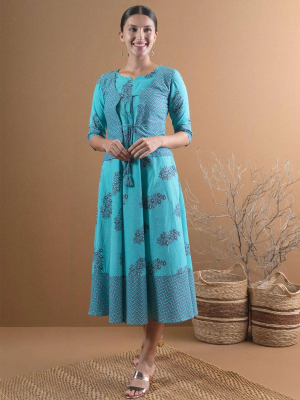 Blue Printed Cotton Jacket Dress With Mask - Jashvi