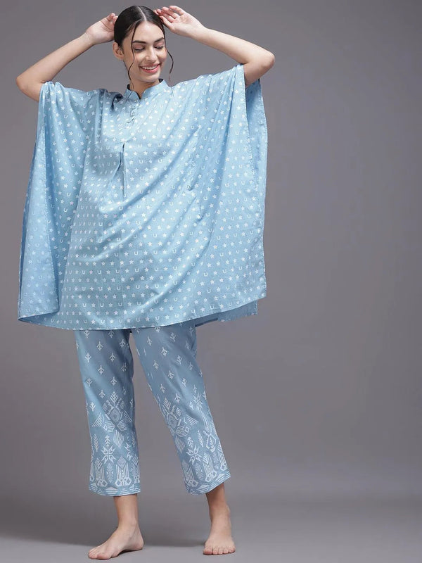 Blue Printed Cotton Night Suit - Jashvi