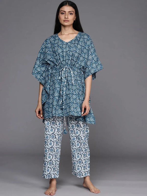 Blue Printed Cotton Night Suit - Jashvi