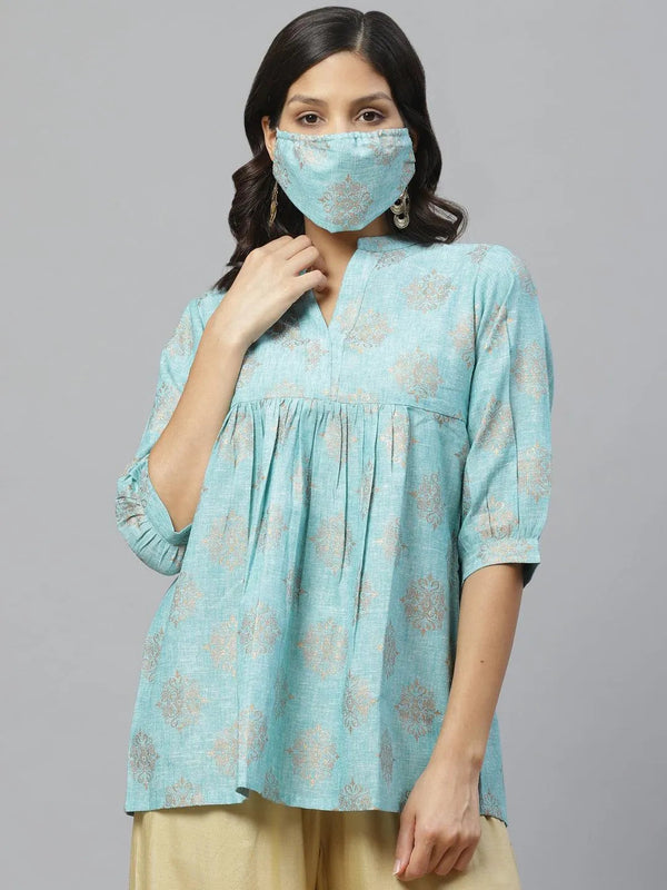 Blue Printed Cotton Kurti With Mask - Jashvi