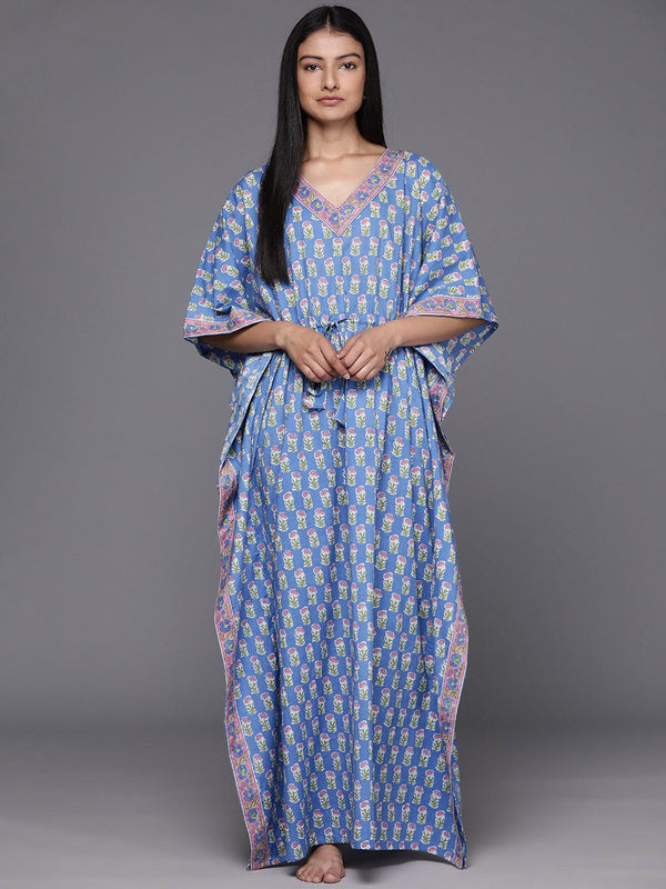 Blue Printed Cotton Night Dress - Jashvi