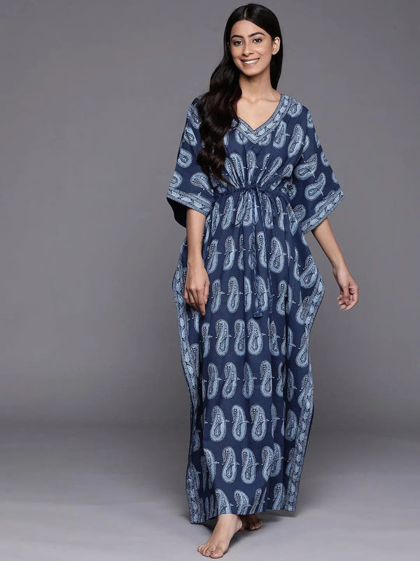 Blue Printed Cotton Night Dress - Jashvi