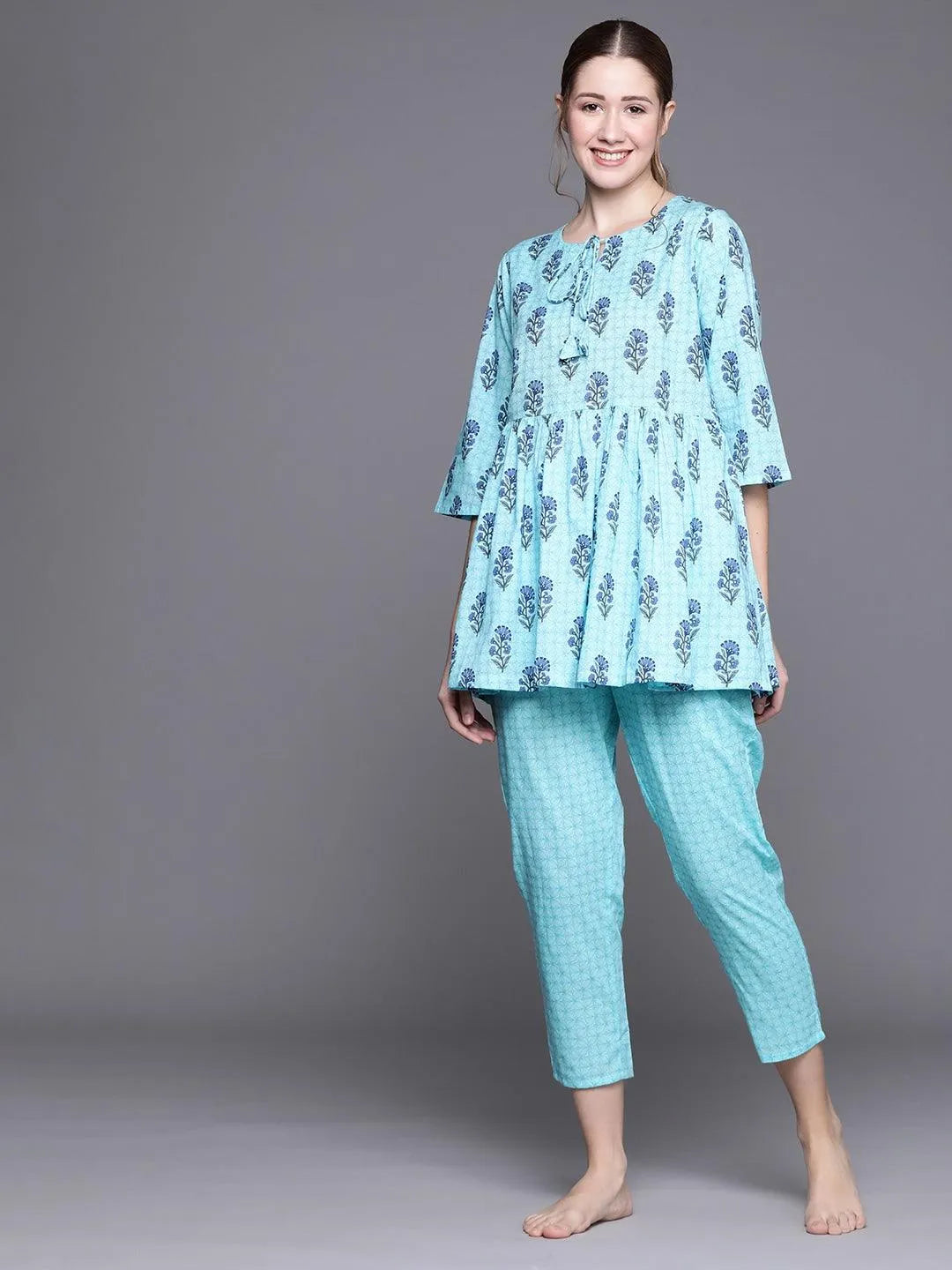 Blue Printed Cotton Night Suit - Jashvi