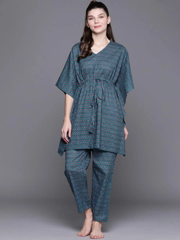 Blue Printed Cotton Night Suit - Jashvi