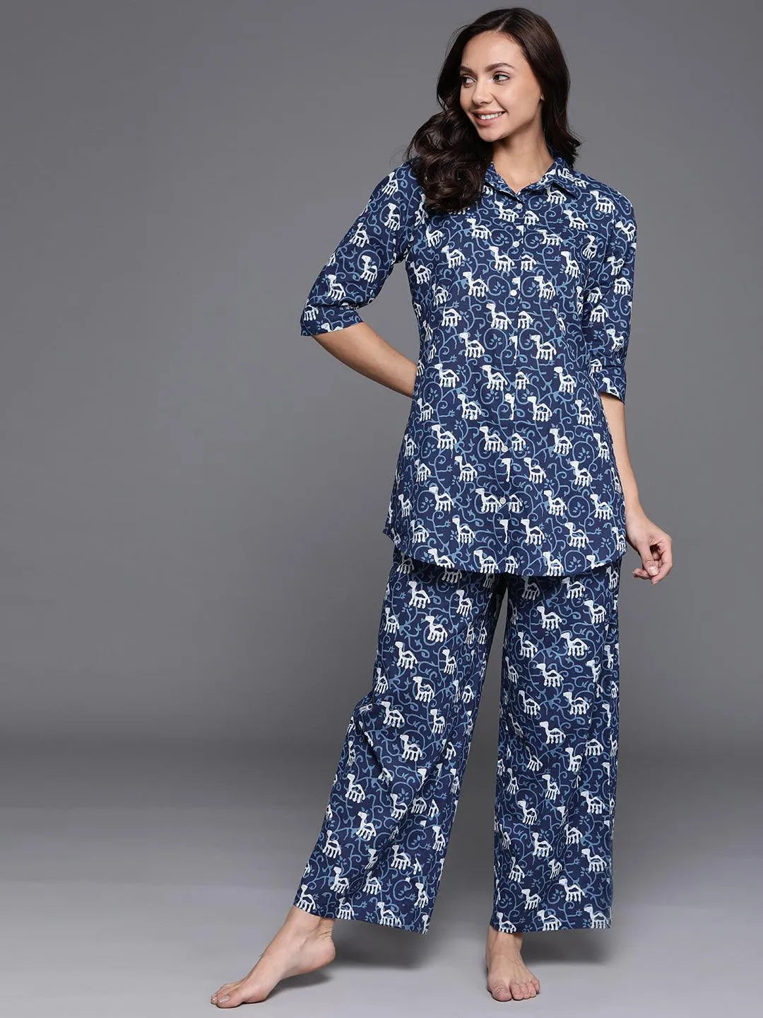 Blue Printed Cotton Night Suit - Jashvi