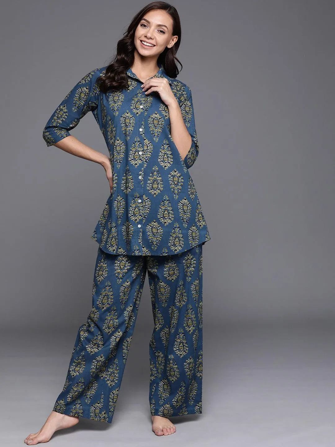 Blue Printed Cotton Night Suit - Jashvi