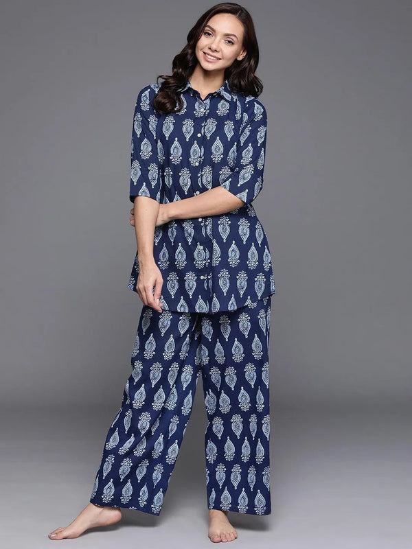 Blue Printed Cotton Night Suit - Jashvi