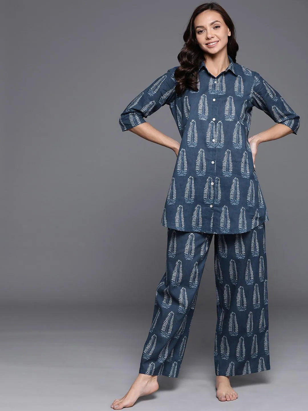 Blue Printed Cotton Night Suit - Jashvi