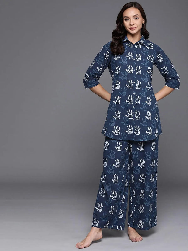 Blue Printed Cotton Night Suit - Jashvi