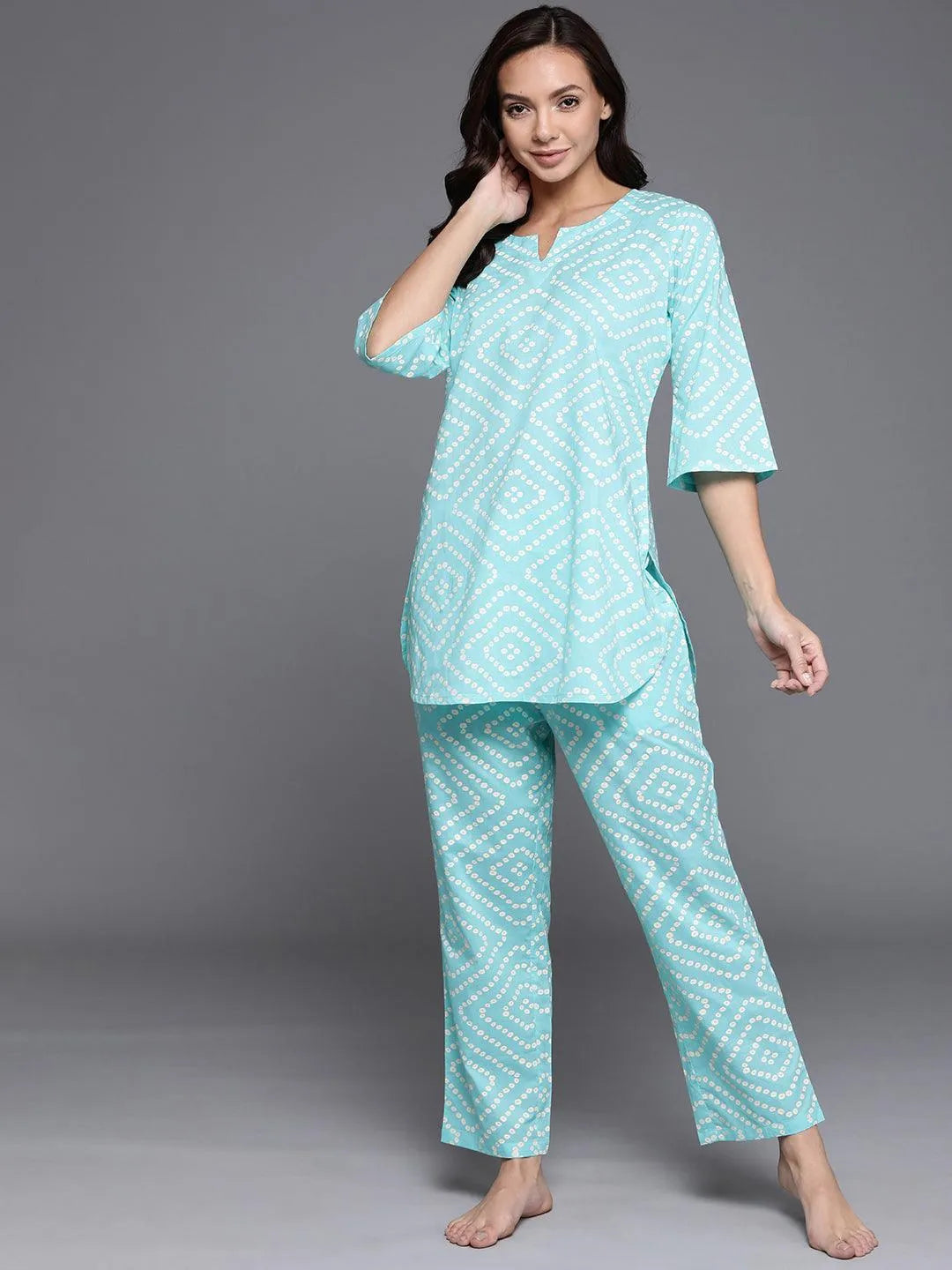 Blue Printed Cotton Night Suit - Jashvi