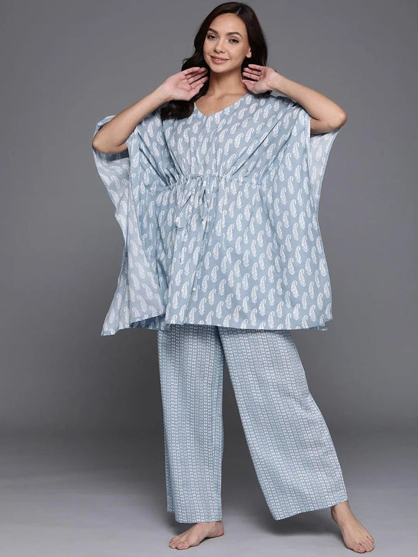 Blue Printed Cotton Night Suit - Jashvi