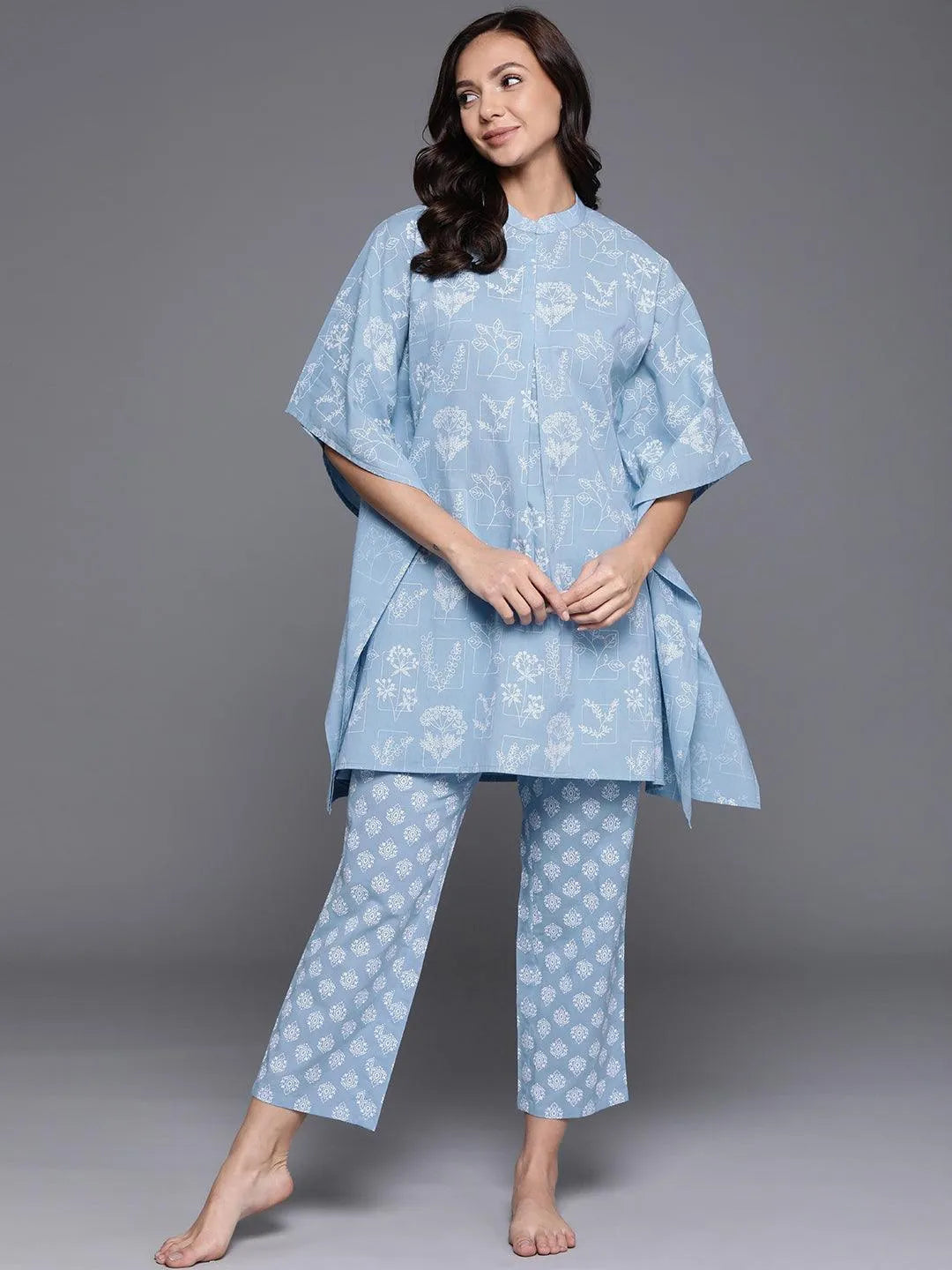 Blue Printed Cotton Night Suit - Jashvi