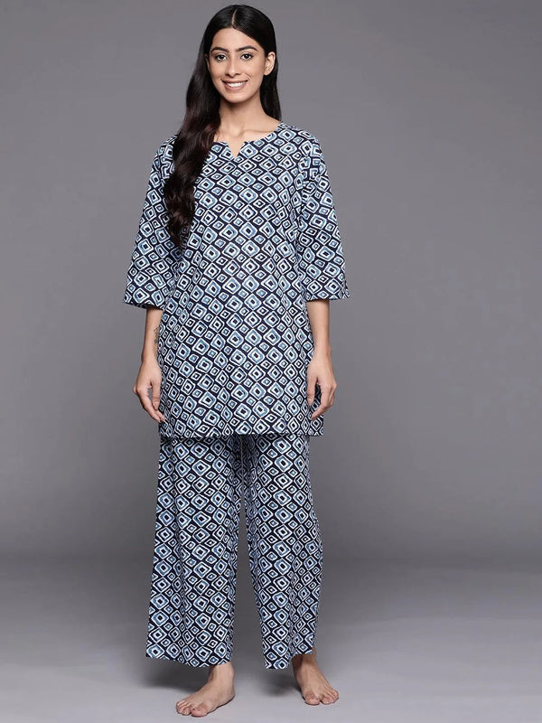 Blue Printed Cotton Night Suit - Jashvi